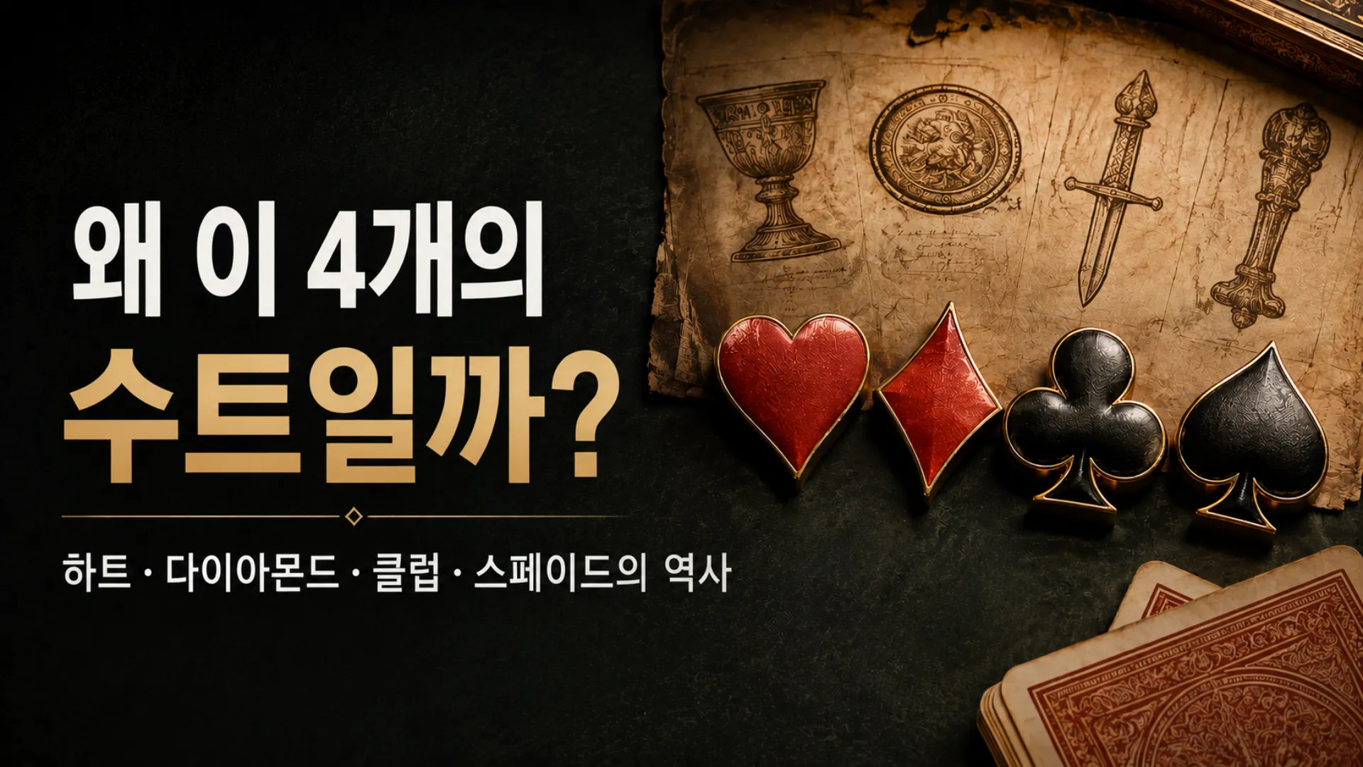 포커 4개 수트의 역사. 하트·다이아몬드·클럽·스페이드와 초기 유럽 카드를 연상시키는 문양을 담은 커버 이미지.
