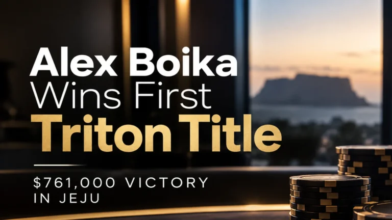 Poker news cover for Alex Boika’s first Triton title, featuring black-and-gold poker chips and the $761,000 Jeju victory text