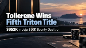 Poker tournament cover showing Ben Tollerene’s fifth Triton title and $652K result in the Jeju $50K Bounty Quattro, with poker chips, cards and a sunset backdrop.