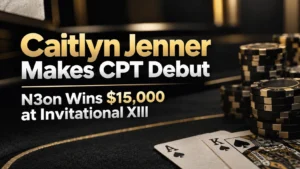 Black-and-gold poker cover for Caitlyn Jenner at CPT Invitational XIII, showing poker chips, playing cards and N3on’s $15,000 win