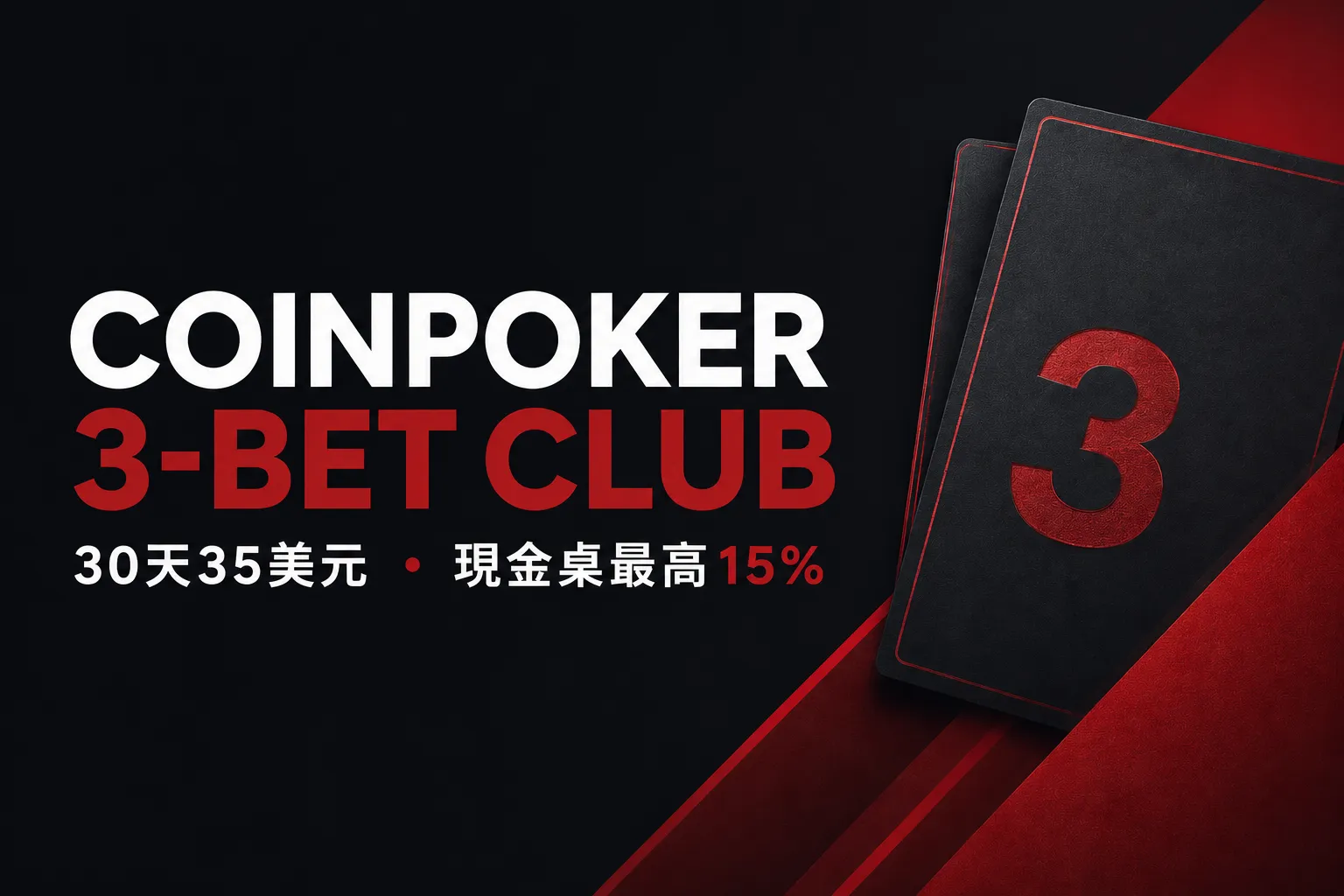 CoinPoker 3-Bet Club會員方案，30天35美元，現金桌回饋最高15%