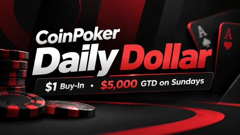 Black-and-red CoinPoker Daily Dollar cover with poker chips and cards, highlighting a $1 buy-in and $5,000 GTD on Sundays