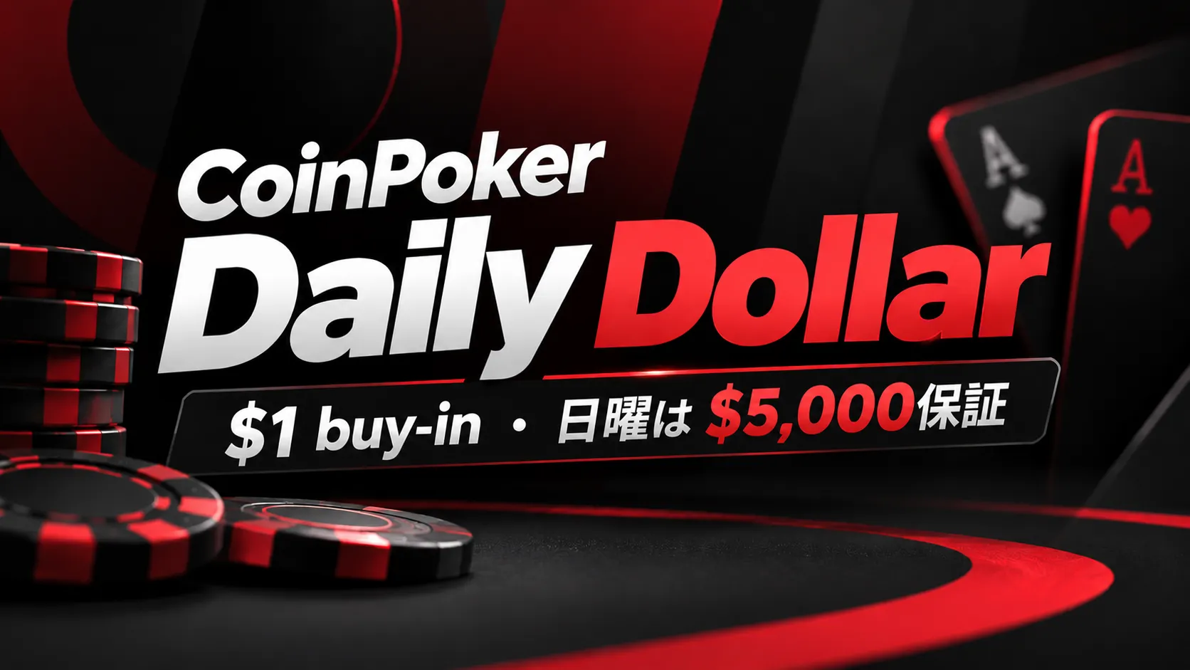 CoinPoker Daily Dollarのカバー画像。黒と赤のデザインにポーカーチップとカードを配し、$1 buy-inと日曜$5,000保証を表示