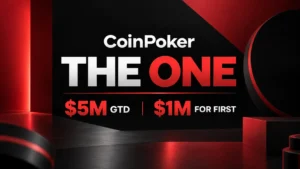 CoinPoker The One cover showing $5M GTD and $1M for first place on a black-and-red poker tournament design