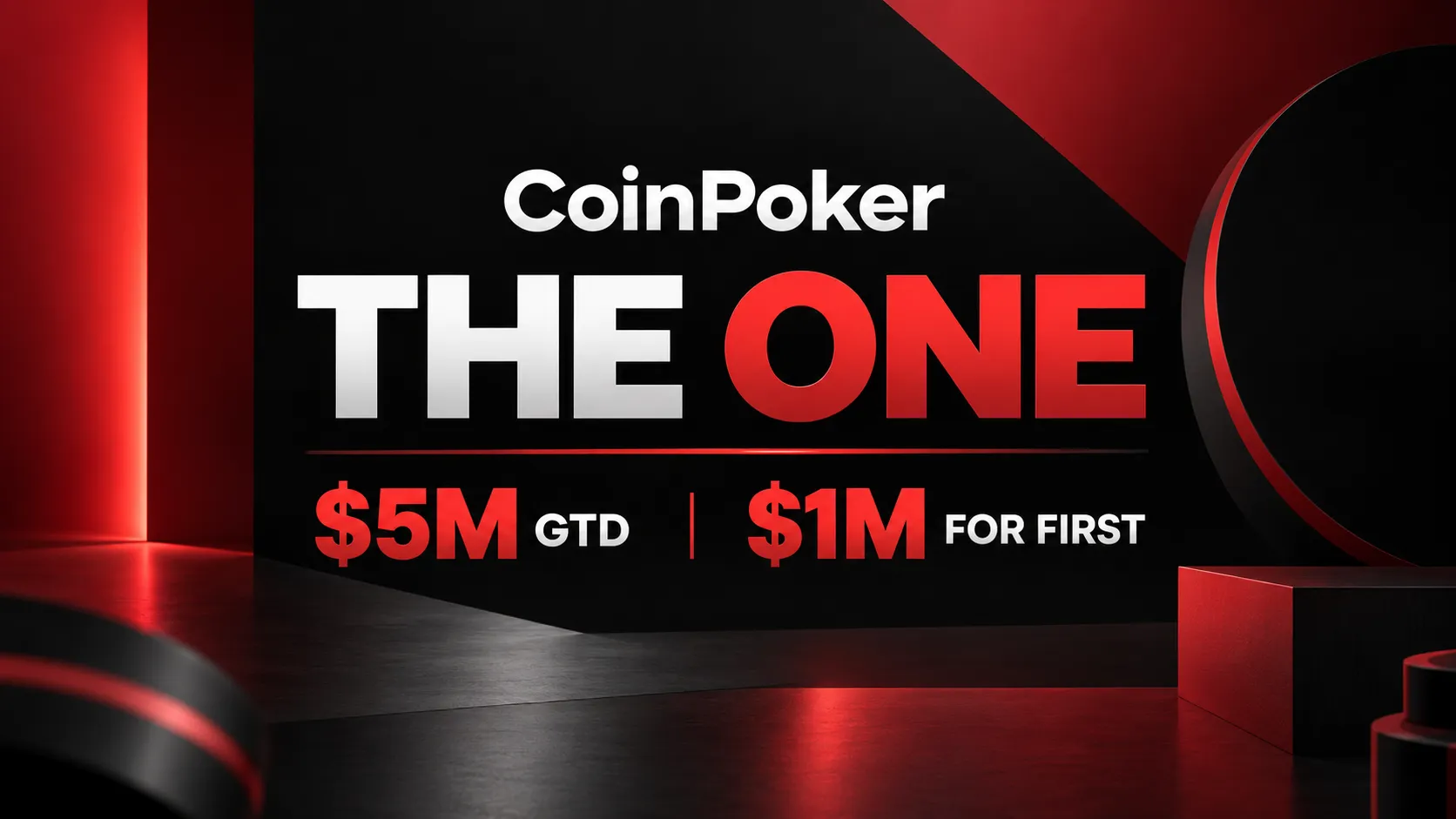 CoinPoker The One cover showing $5M GTD and $1M for first place on a black-and-red poker tournament design