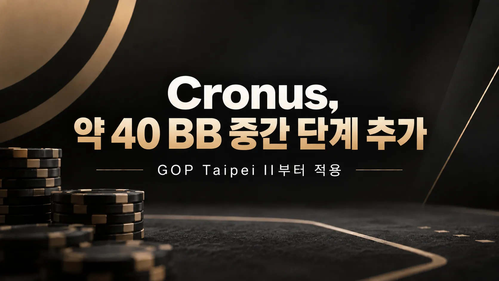 Cronus Structure 블랙·골드 커버 이미지로, 포커 칩과 함께 GOP Taipei II부터 약 40 BB 중간 단계가 추가되는 내용을 표시