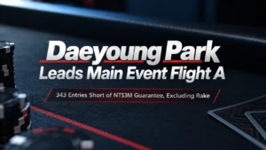 Dark poker-table cover graphic for Gods of Poker Taipei 2026 showing Daeyoung Park leading Main Event Flight A, with the Accumulator 343 entries short of its NT$3M guarantee excluding rake.
