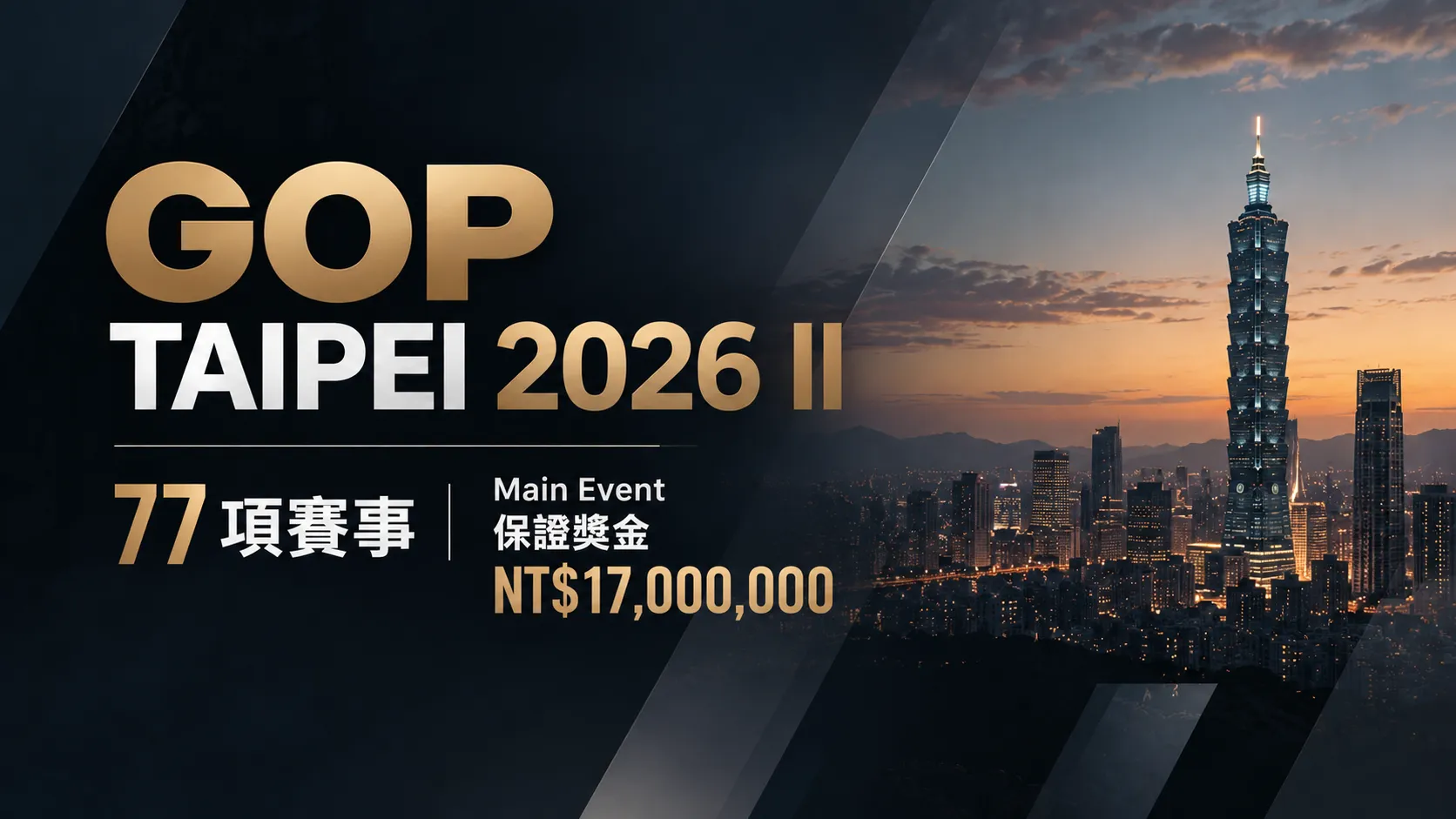 GOP Taipei 2026 II封面圖，以台北101與台北城市天際線呈現77項賽事及Main Event保證獎金NT$17,000,000