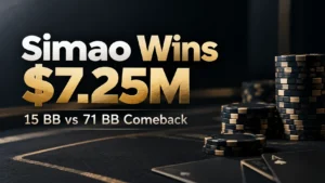 Poker cover graphic for Joao Simao’s Triton Invitational win, showing “Simao Wins $7.25M” and “15 BB vs 71 BB Comeback” beside black-and-gold poker chips.