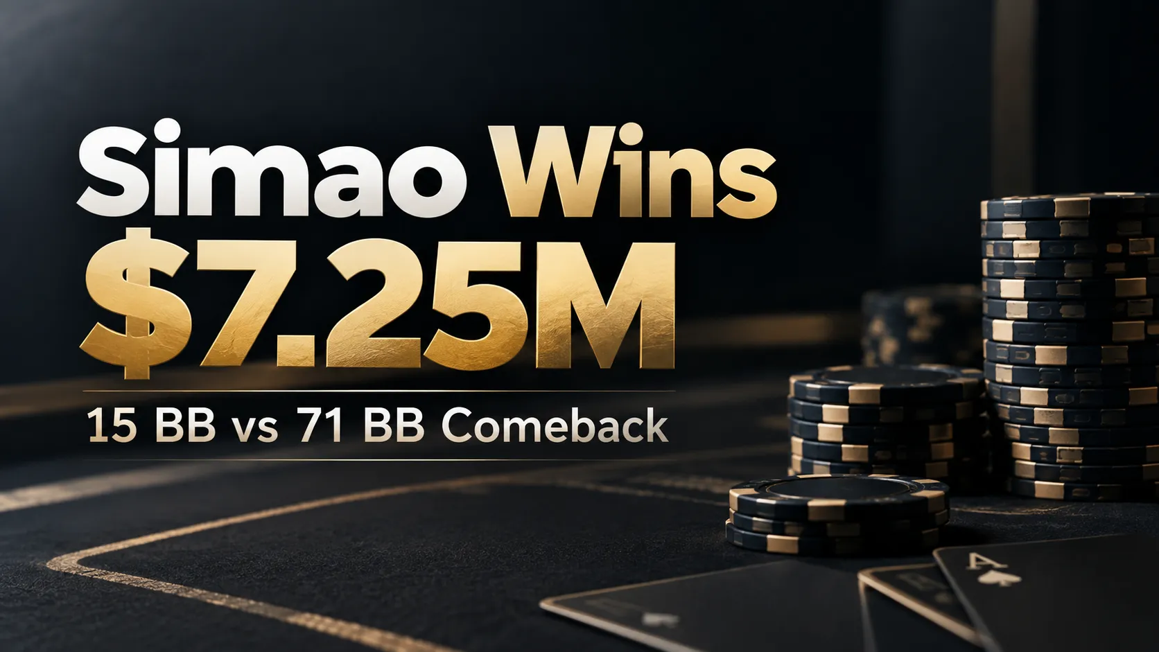 Poker cover graphic for Joao Simao’s Triton Invitational win, showing “Simao Wins $7.25M” and “15 BB vs 71 BB Comeback” beside black-and-gold poker chips.