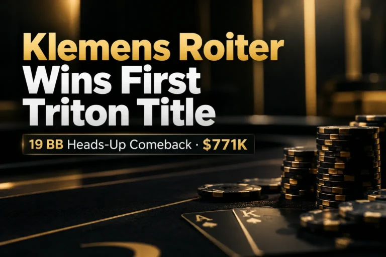 Black-and-gold poker cover for Klemens Roiter’s first Triton title, featuring poker chips, playing cards and the $771K result