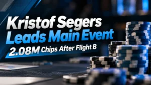 Dark blue poker cover graphic showing Kristof Segers leading the Main Event with 2.08M chips after Flight B, with stacked poker chips on the right.