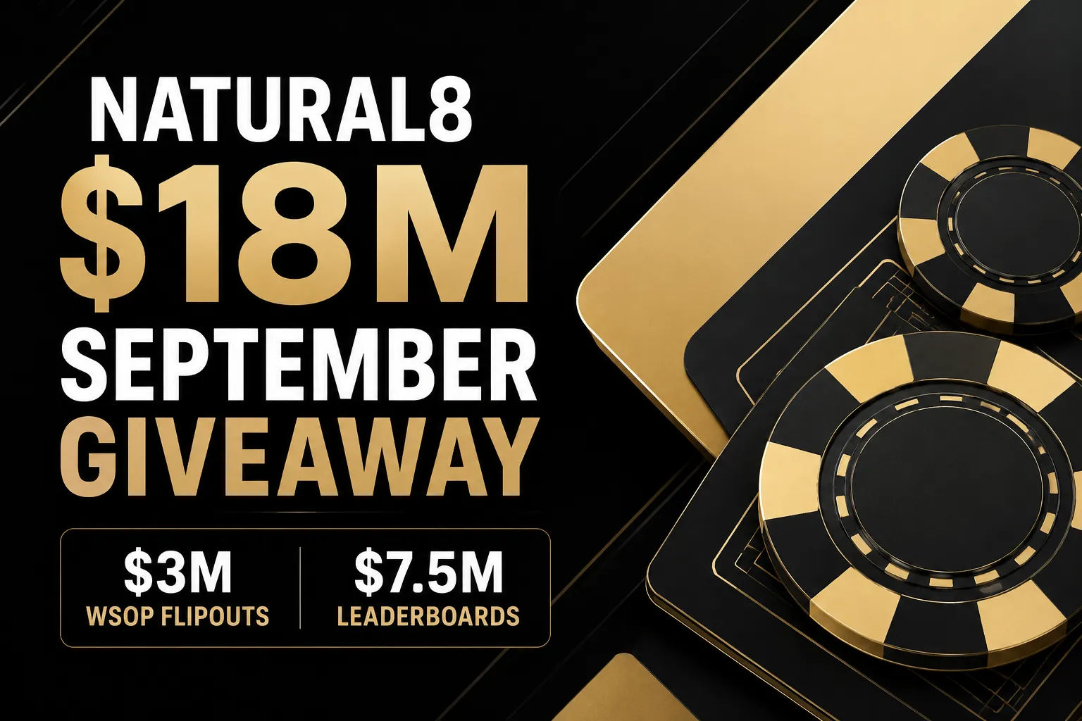 Natural8 $18M September Giveaway cover featuring $3M WSOP Flipouts and $7.5M leaderboards