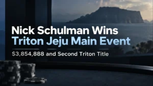 Nick Schulman Triton Jeju Main Event cover showing the $3,854,888 win and second Triton title with poker chips and a Jeju-inspired coastal backdrop