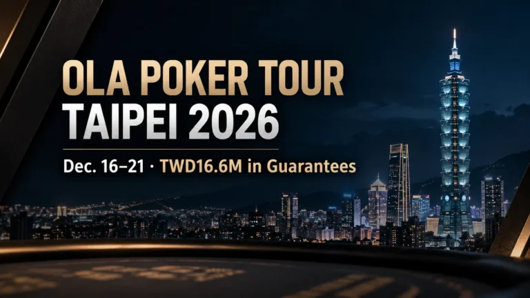 OLA Poker Tour Taipei 2026 cover showing the Taipei skyline and Taipei 101 with Dec. 16–21 dates and TWD16.6M in guarantees