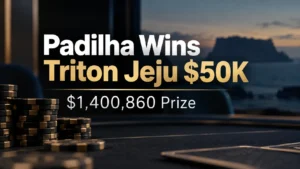 Poker news cover showing “Padilha Wins Triton Jeju $50K” and the $1,400,860 prize above a dark poker table with chip stacks.