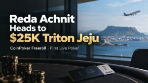 Reda Achnit Triton Jeju $25K cover with a poker table, chips, passport, Jeju boarding pass and airplane, highlighting his CoinPoker Freeroll qualification and first live poker event