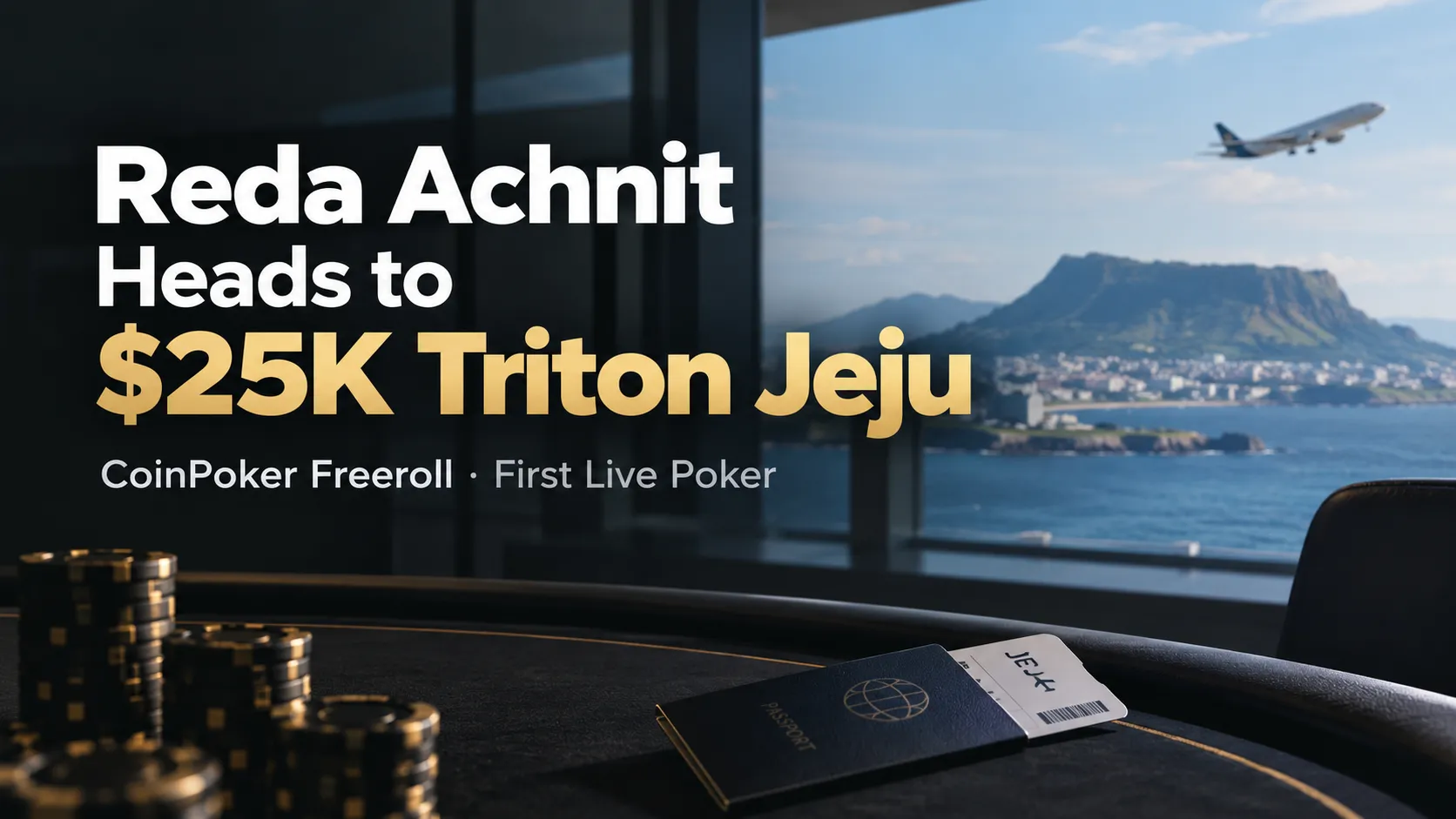 Reda Achnit Triton Jeju $25K cover with a poker table, chips, passport, Jeju boarding pass and airplane, highlighting his CoinPoker Freeroll qualification and first live poker event
