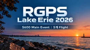 RGPS Lake Erie 2026 커버 이미지. 이리호 석양을 배경으로 $600 Main Event와 5개 Flight를 표시
