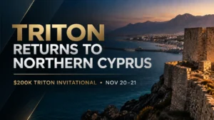 Triton Poker Northern Cyprus 2026 cover featuring a Mediterranean coastal fortress and the $200K Triton Invitational on November 20-21.