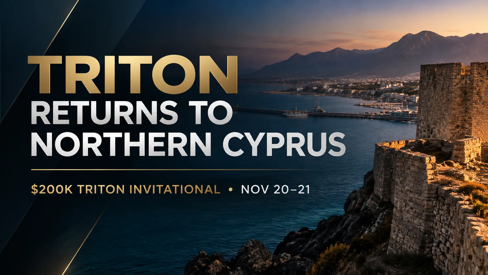 Triton Poker Northern Cyprus 2026 cover featuring a Mediterranean coastal fortress and the $200K Triton Invitational on November 20-21.