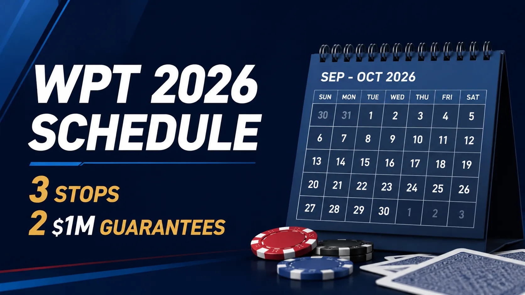 WPT 2026 schedule cover showing a September to October calendar with poker chips and two $1M guarantees