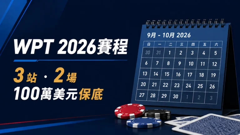 WPT 2026賽程封面，以9月至10月月曆與撲克籌碼呈現3站賽事及2場100萬美元保底