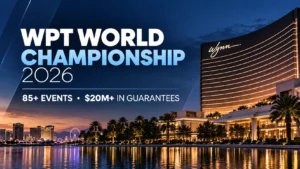 WPT World Championship 2026 cover featuring Wynn Las Vegas at dusk with 85+ events and $20M+ in guarantees