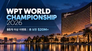 WPT World Championship 2026 커버 이미지로, Wynn Las Vegas 야경과 85개 이상 이벤트·총 보장 $20M+를 표시