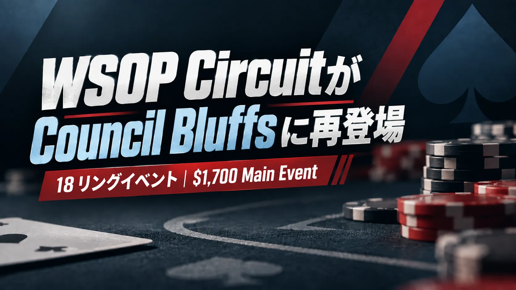 WSOP Circuit Council Bluffs 2026のカバー画像。ポーカーチップとカードを背景に、18リングイベントと$1,700 Main Eventを表示