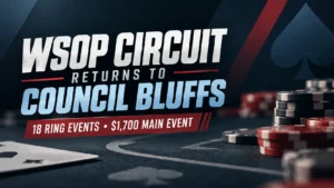 WSOP Circuit Council Bluffs 2026 cover with poker chips and cards, highlighting 18 ring events and the $1,700 Main Event