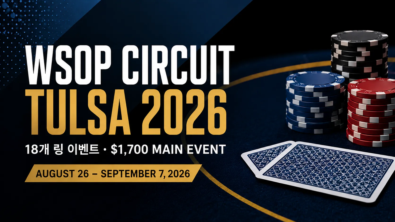 WSOP Circuit Tulsa 2026 커버 이미지로, 포커 칩과 뒷면이 보이는 카드와 함께 18개 링 이벤트 및 $1,700 Main Event 정보를 표시