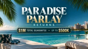 WSOP Paradise 2026 Paradise Parlay cover showing a tropical resort, poker chips, $1M total guarantee and rewards up to $500K