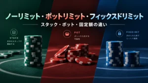 ノーリミット・ポットリミット・フィックスドリミットの違いを、スタック・ポット・固定ベットのチップで比較