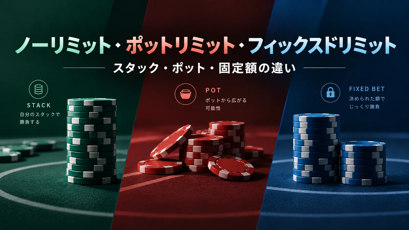 ノーリミット・ポットリミット・フィックスドリミットの違いを、スタック・ポット・固定ベットのチップで比較