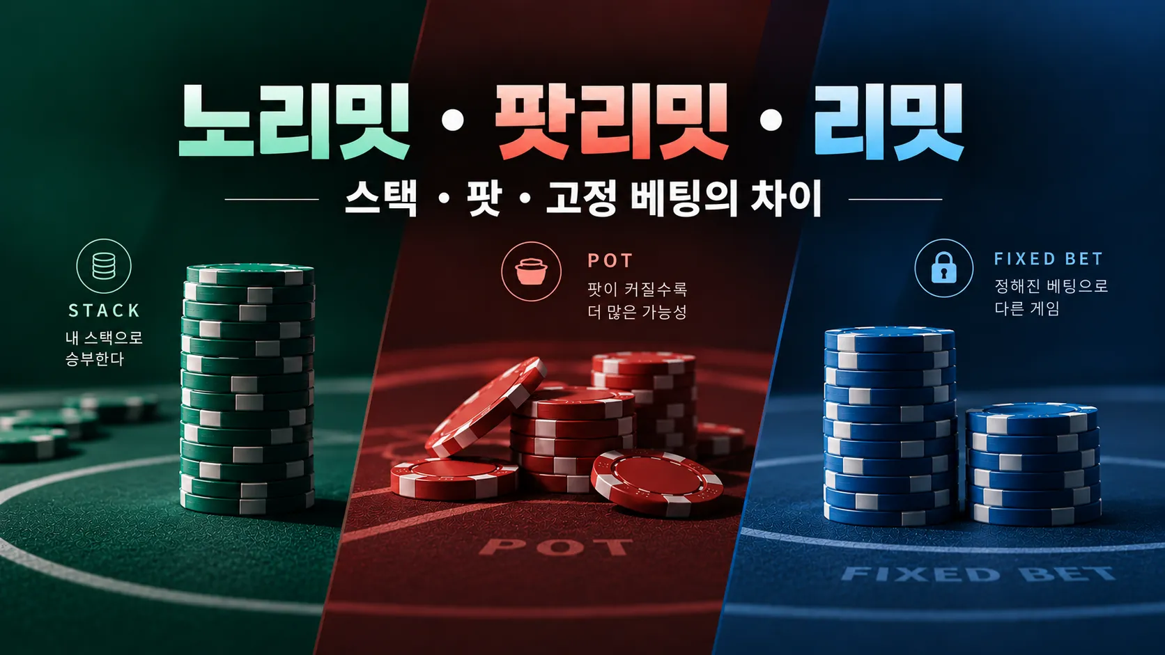 노리밋·팟리밋·리밋 포커 베팅 방식 차이를 스택·팟·고정 베팅 칩 구성으로 비교