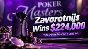 Purple 2026 Poker Masters Event #4 cover featuring a jacket-shaped trophy, poker chips and text announcing Zavorotnijs' $224,000 victory.