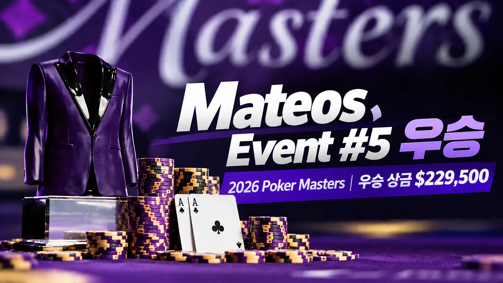 2026 Poker Masters Event #5 우승 커버 이미지. 보라색 재킷과 포커 칩, 에이스 두 장을 배치하고 Mateos의 우승 상금 $229,500를 표시했다.