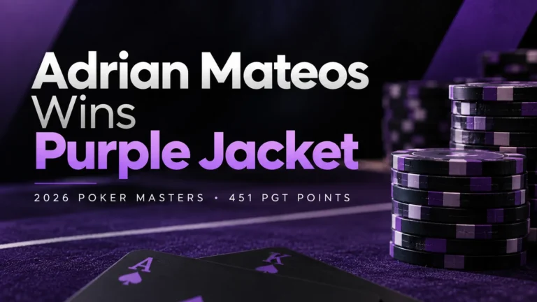 Adrian Mateos wins the 2026 Poker Masters Purple Jacket with 451 PGT points, featured on a purple poker-themed cover with chip stacks and playing cards.