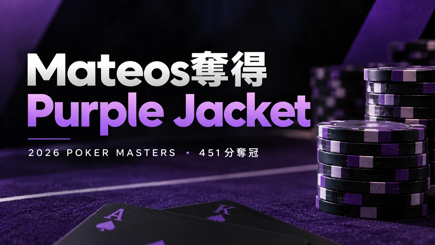 Adrian Mateos以451分奪得2026 Poker Masters總冠軍的新聞封面圖，搭配紫色撲克籌碼、撲克牌及Purple Jacket標題。