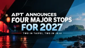 APT 2027 schedule announcement cover featuring bold text, red lantern lights, a blue rocky coastline, and four major stops in Taipei and Jeju.