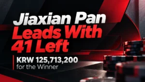 APT Jeju 2026 poker cover showing Jiaxian Pan in the chip lead with 41 players remaining and a KRW 125,713,200 first prize, set against a red-and-black poker design.