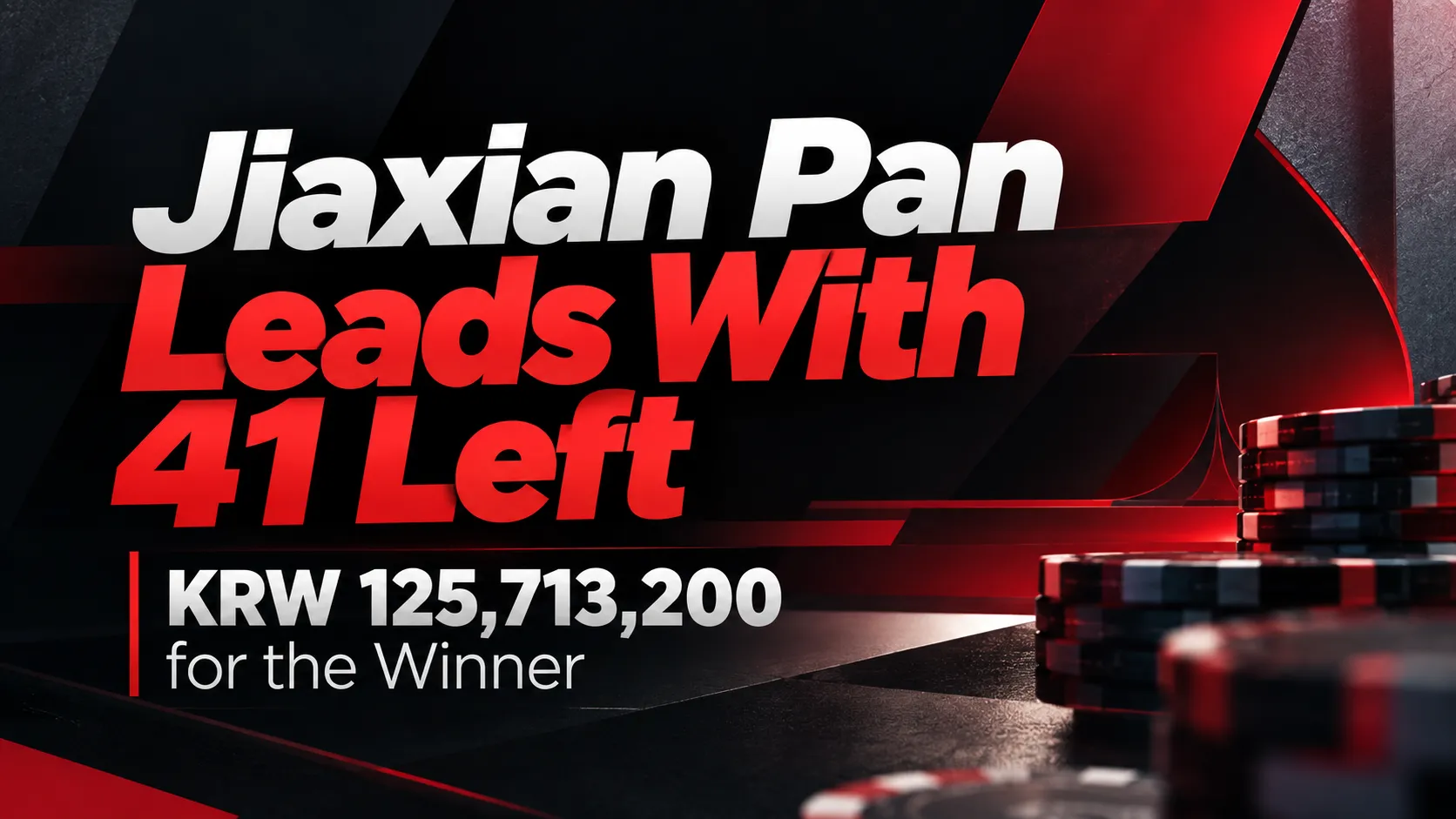 APT Jeju 2026 poker cover showing Jiaxian Pan in the chip lead with 41 players remaining and a KRW 125,713,200 first prize, set against a red-and-black poker design.