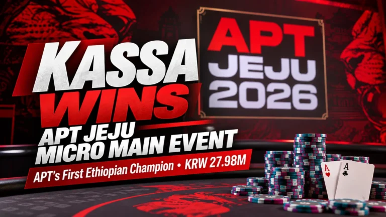 Red-and-black APT Jeju 2026 poker cover showing Berhanu Kassa’s Micro Main Event win, KRW 27.98M prize, poker chips and two aces