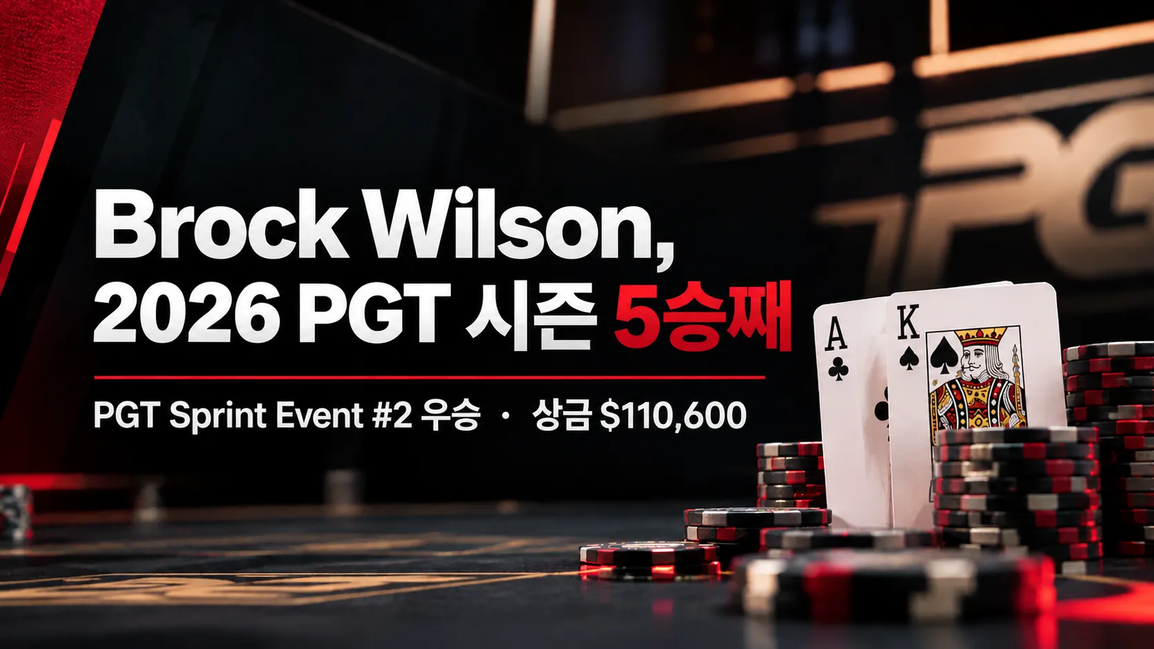 Brock Wilson의 2026 PGT 시즌 5승째를 알리는 뉴스 이미지. 클럽 A와 스페이드 K, 포커 칩, 우승 상금 $110,600가 표시돼 있다.