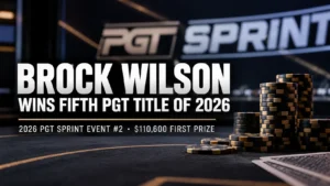 Poker news cover featuring Brock Wilson's fifth PGT title of 2026 and $110,600 first prize, with poker chip stacks against a dark tournament backdrop.
