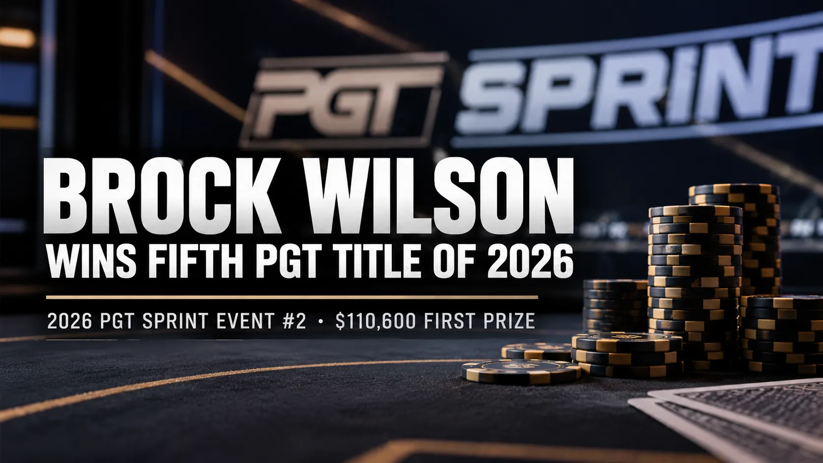 Poker news cover featuring Brock Wilson's fifth PGT title of 2026 and $110,600 first prize, with poker chip stacks against a dark tournament backdrop.