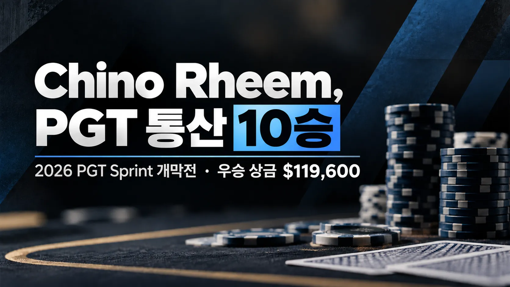 짙은 남색 배경에 포커 칩을 배치하고, Chino Rheem의 PGT 통산 10승과 2026 PGT Sprint 개막전 우승 상금 $119,600을 표시한 뉴스 이미지.