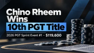Dark blue poker news graphic with chip stacks announcing Chino Rheem's 10th PGT title at 2026 PGT Sprint Event #1 and his $119,600 first-place prize.