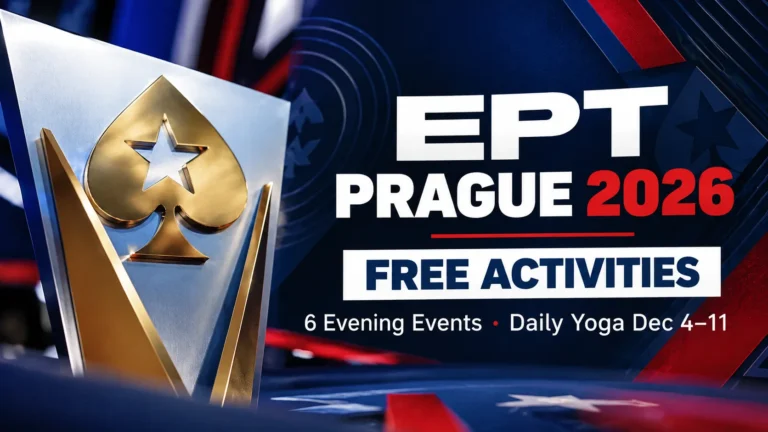 EPT Prague 2026 free activities cover featuring a metallic spade design, six evening events and daily yoga from December 4–11
